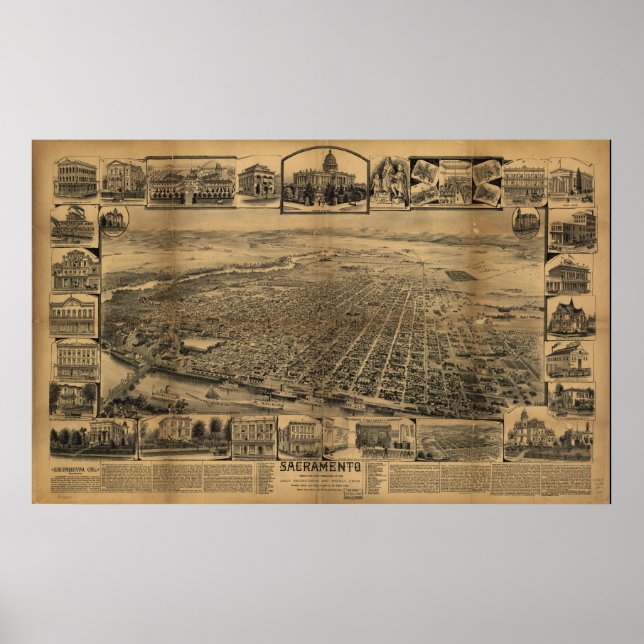 Sacramento California Antique Panoramic Map Poster (Front)