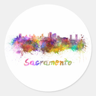 Sacramento skyline in watercolor classic round sticker