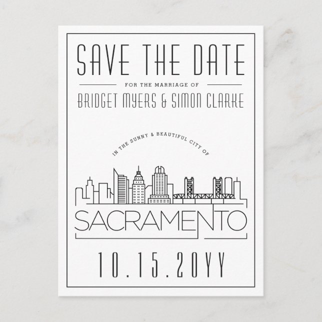 Sacramento Wedding |Stylised Skyline Save the Date Postcard (Front)