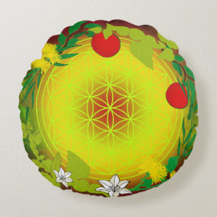 Sacred Apple Garden Flower of Life Round Cushion