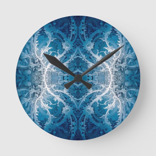 Sacred Cosmic Flow - Blue Silver Symmetry Round Clock (Front)