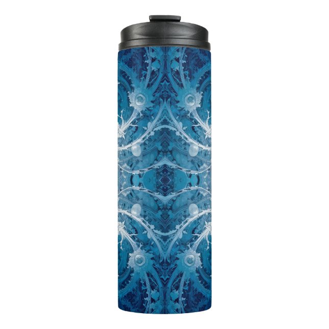 Sacred Cosmic Flow - Blue Silver Symmetry Thermal Tumbler (Front)