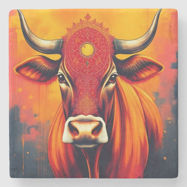 Sacred Cow Diwali Table Accent Stone Coaster (Front)