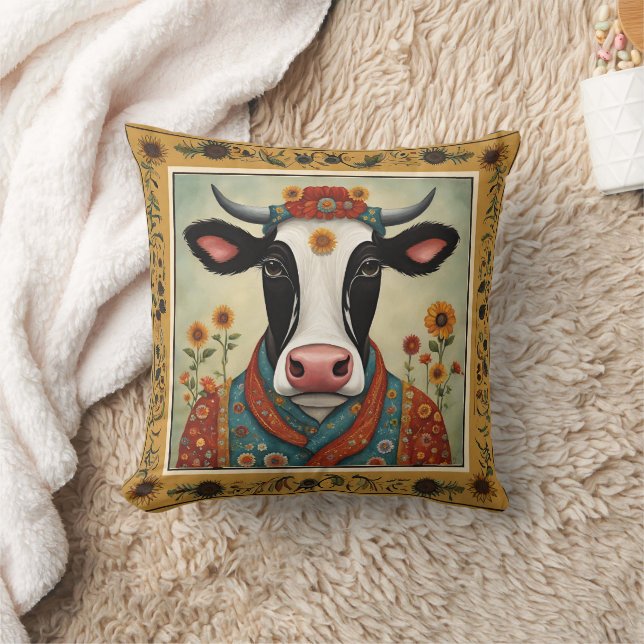 Sacred Cow Floral Folk Art  Cushion (Blanket)