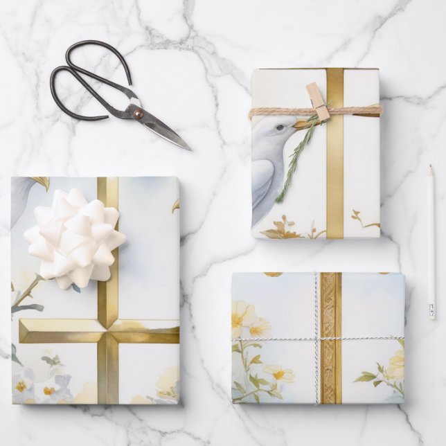 Sacred Doves & Crosses Wrapping Paper Sheet (Front)