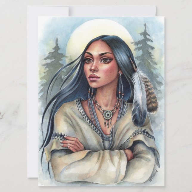 Sacred Feathers Native Woman Spirit Moon Art Card (Front)
