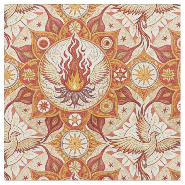 Sacred Flame Lotus Mandala - Fire Phoenix Pattern Fabric (Close Up)