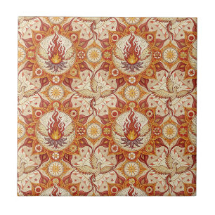 Sacred Flame Lotus Mandala - Fire Phoenix Pattern Tile