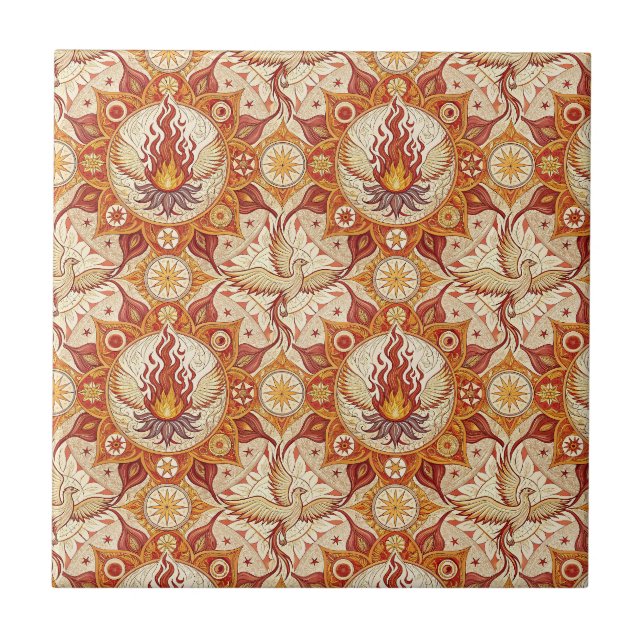 Sacred Flame Lotus Mandala - Fire Phoenix Pattern Tile (Front)