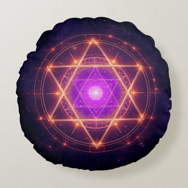 Sacred Geometry Mandala – Light Within the Cosmos Round Cushion (Front)