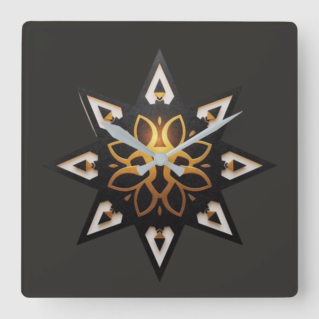 🌟Sacred Geometry Mandala – Timeless Golden Star Square Wall Clock (Front)