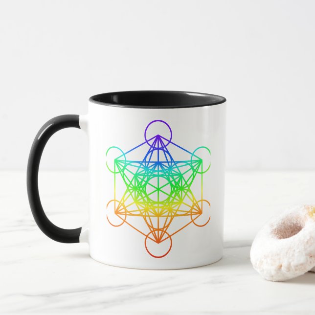 Sacred Geometry Metatron's Cube in raibow colours Mug (With Donut)