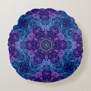 Sacred Geometry Symbols in Mandala seamless patter Round Cushion