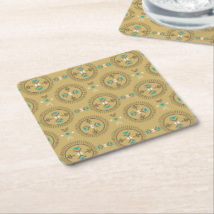 Sacred geometry tribal pattern gold turquoise  square paper coaster