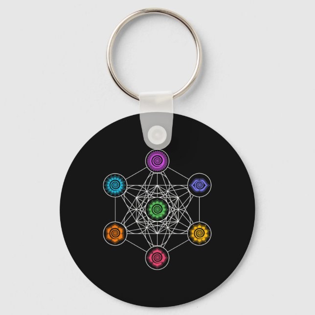 Sacred Geometry Yoga Metatrons Cube Rainbow Chakra Key Ring (Front)