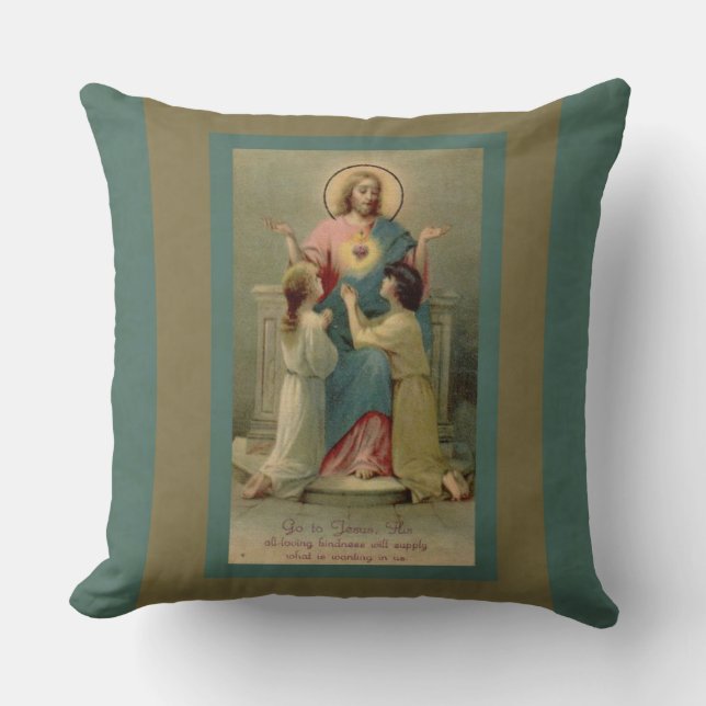 Sacred Heart Jesus children kneeling at His Feet Cushion (Front)