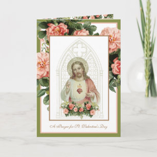Sacred Heart Jesus Peach Flowers Religious Vintage Holiday Card