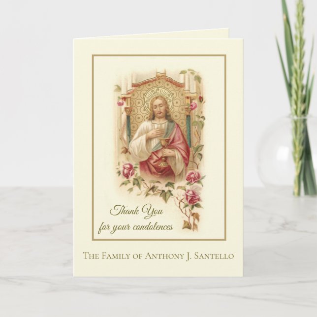 Sacred Heart Jesus Roses Condolence Thank You Card (Front)