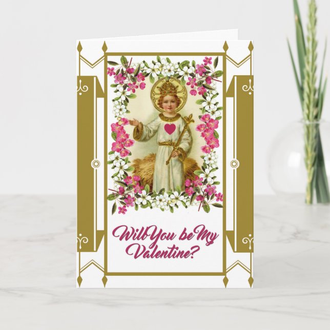 Sacred Heart Jesus Valentine Flowers Gold Border Holiday Card (Front)