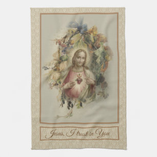 Sacred Heart of Jesus  Autumn Floral Thanksgiving Tea Towel