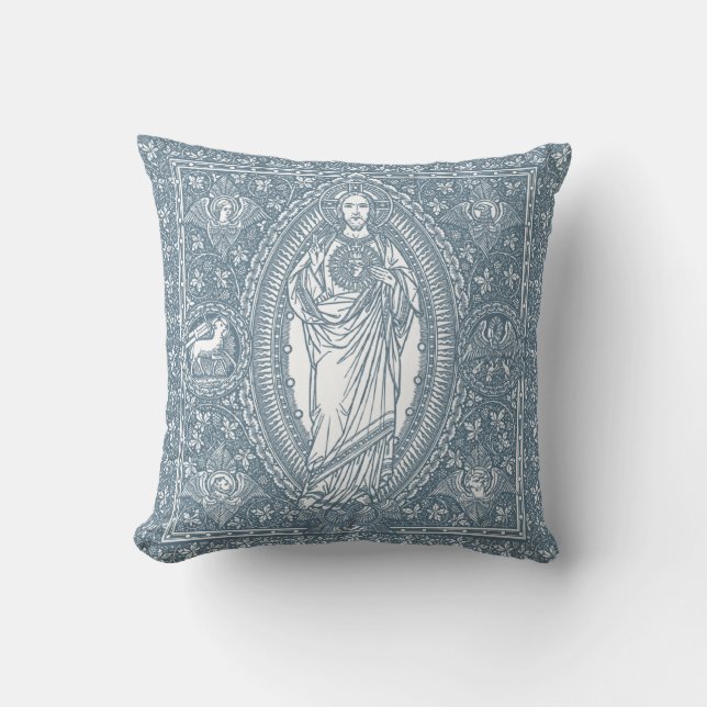 Sacred Heart of Jesus Blue White Elegant Cushion (Front)