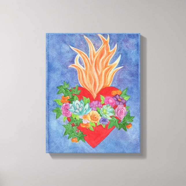 Sacred Heart of Jesus Colourful Floral Original Canvas Print (Front)