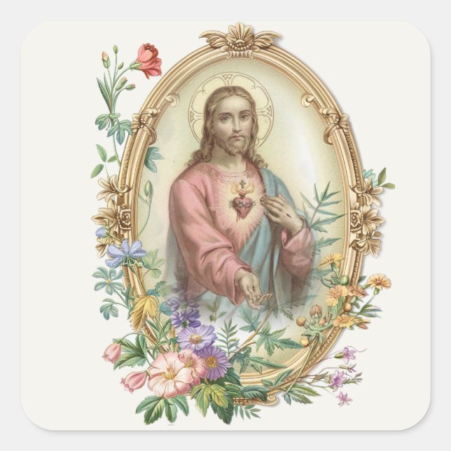 SACRED HEART OF JESUS FLORAL RELIGIOUS  SQUARE STICKER (Front)