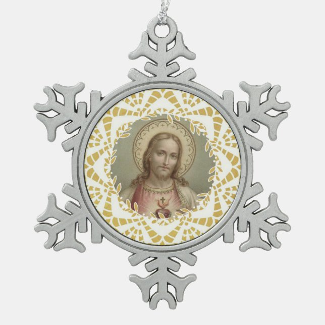 Sacred Heart of Jesus Gold Border Snowflake Pewter Christmas Ornament (Front)