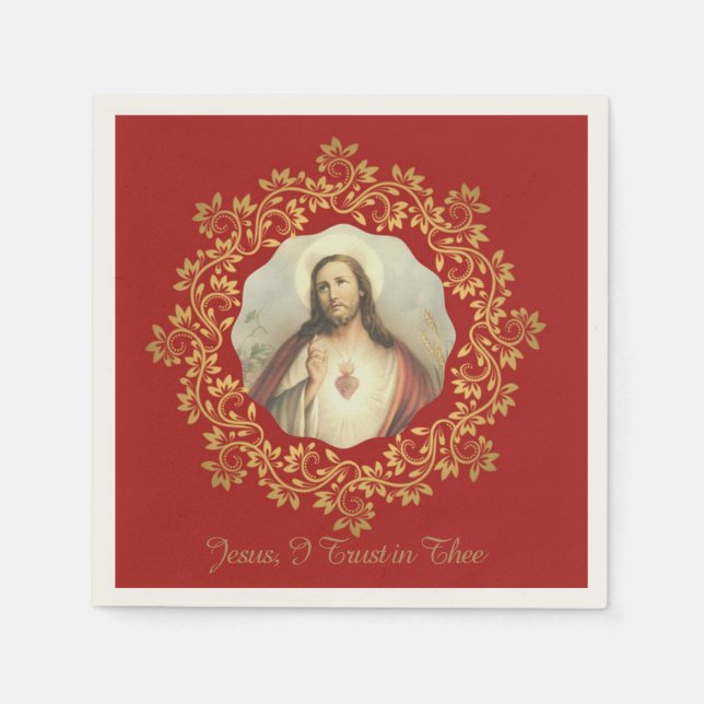 Sacred Heart of Jesus Gold Decorative Border Napkin (Front)