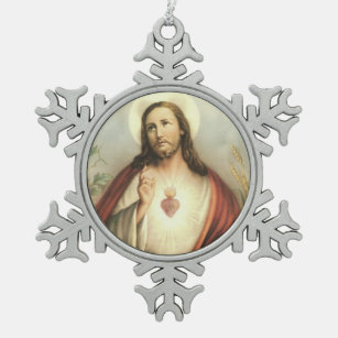 Sacred Heart of Jesus Snowflake Pewter Christmas Ornament