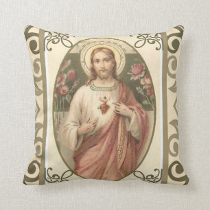 Sacred Heart of Jesus w/pink roses Cushion