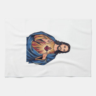 Sacred Heart Vintage Engraving Religious Vector De Tea Towel