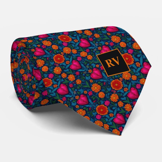 Sacred Hearts and Marigold Flowers Tie (Rolled)