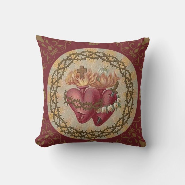 Sacred Hearts of Jesus & Mary Gold Decor Cushion (Front)