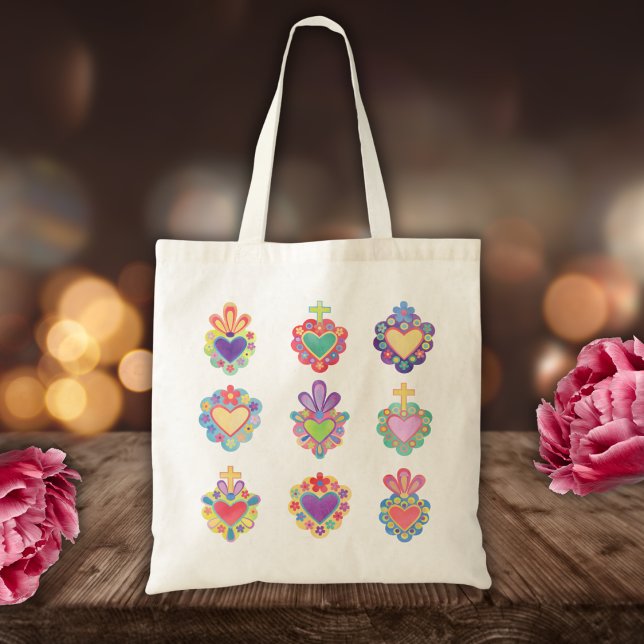 SACRED HEARTS, WATERCOLOR, mexico, mexican folk Tote Bag (Creator Uploaded)