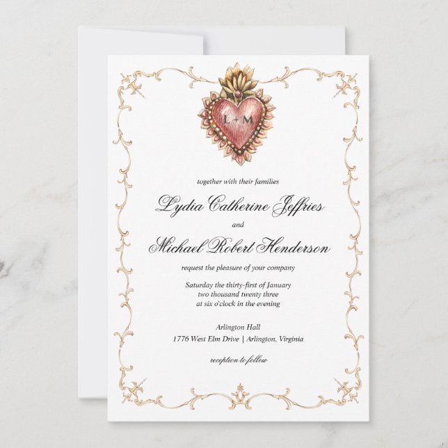 Sacred Heawrt Crest | Monogram Wedding Invitation (Front)