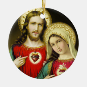 Sacred Jesus Immaculate Heart Mary Ceramic Tree Decoration