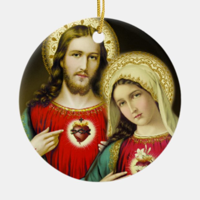 Sacred Jesus Immaculate Heart Mary Ceramic Tree Decoration (Front)