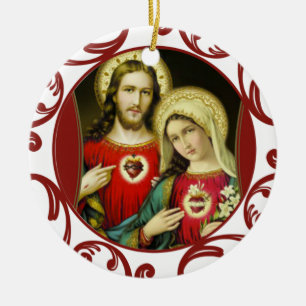 Sacred Jesus Immaculate Heart Mary Red Lace Ceramic Tree Decoration