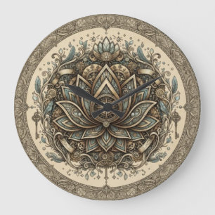 Sacred Lotus Mandala Vintage Spiritual Art Large Clock