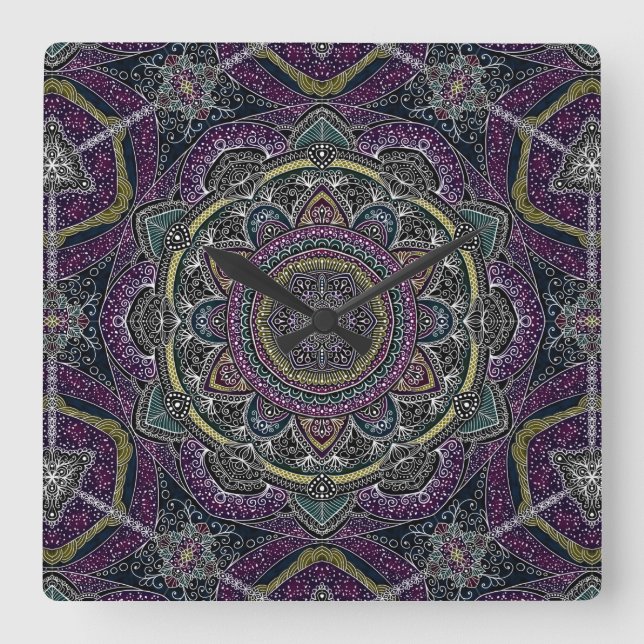 Sacred mandala stars and lace purple and black square wall clock (Front)