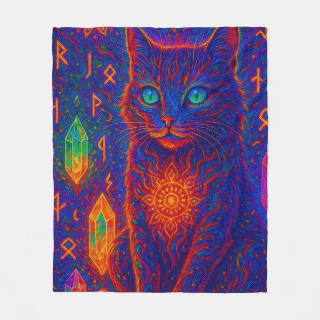 Sacred Neon Cat Fleece Blanket (Front)