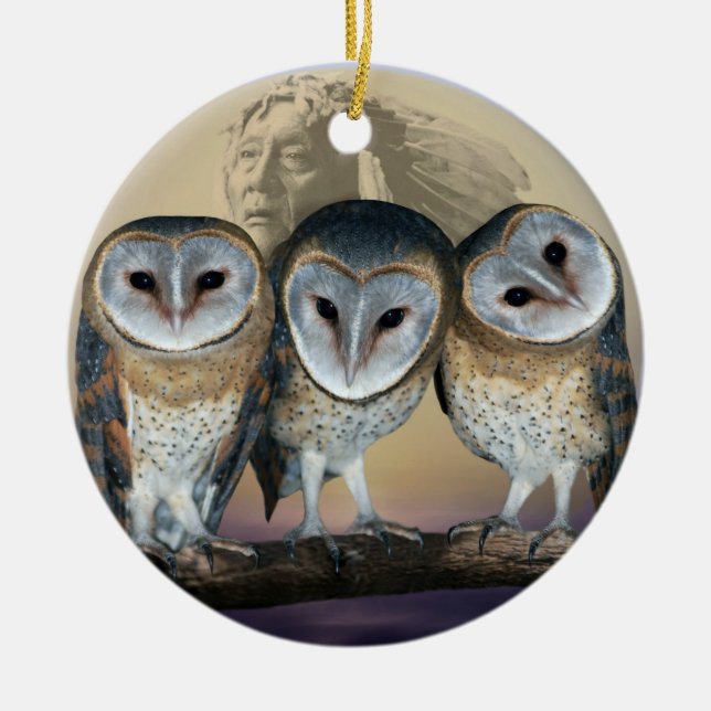 Sacred Owl North American Indian Ceramic Tree Decoration (Front)