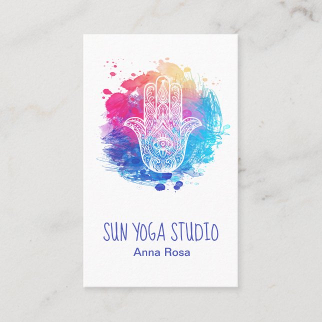 *~* Sacred Watercolor Hamsa Hand Yoga Business Card (Front)