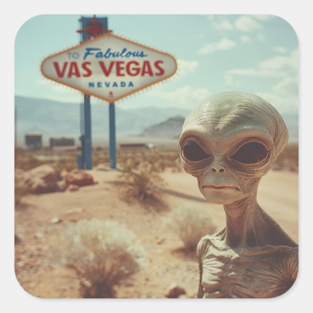 Sad Alien In Front Of The Las Vegas Sign  Square Sticker (Front)