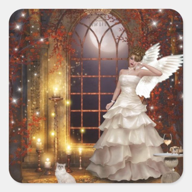 Sad Angel With Kitty Square Sticker (Front)