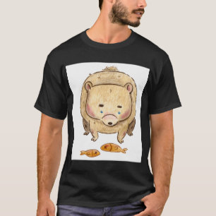Sad Bear With Fish Illustration T-Shirt