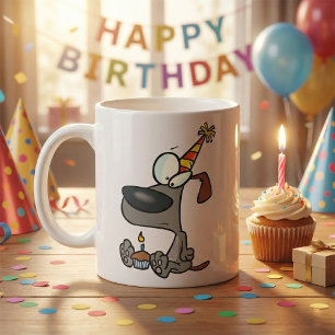 Sad Birthday Dog Cartoon with Cupcake Coffee Mug