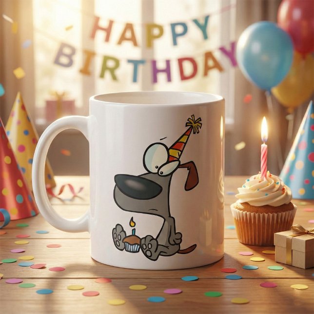 Sad Birthday Dog Cartoon with Cupcake Coffee Mug (Creator Uploaded)