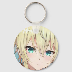 Sad blonde girl green eyes anime manga key ring